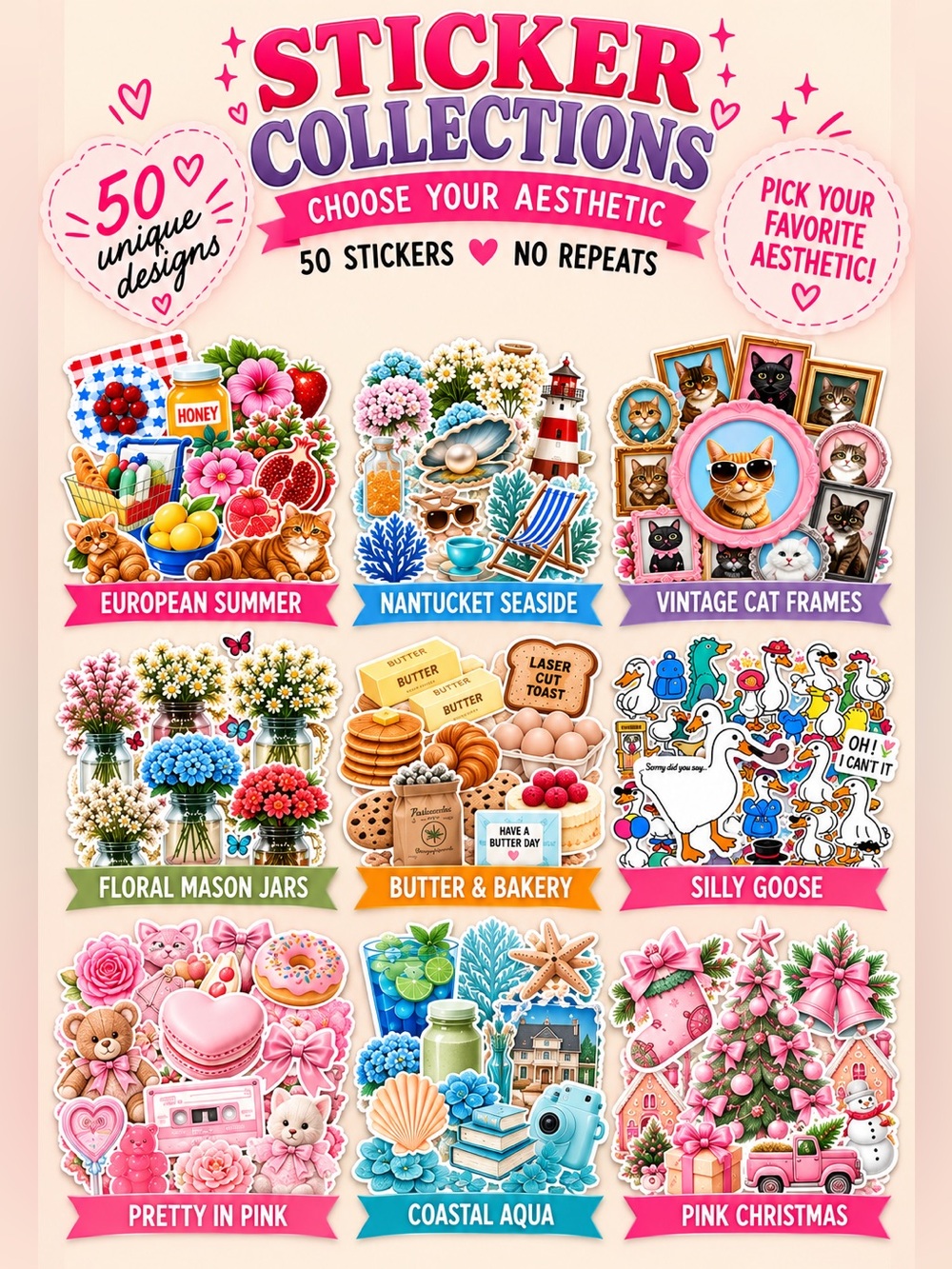 Aesthetic Sticker Collection Quantity 50 - No Repeats! Choose Designs!
